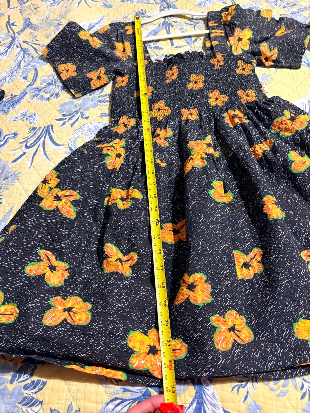 Smocked Black Casual Dress with Yellow Floral Print, sz4 - Picture 7 of 10